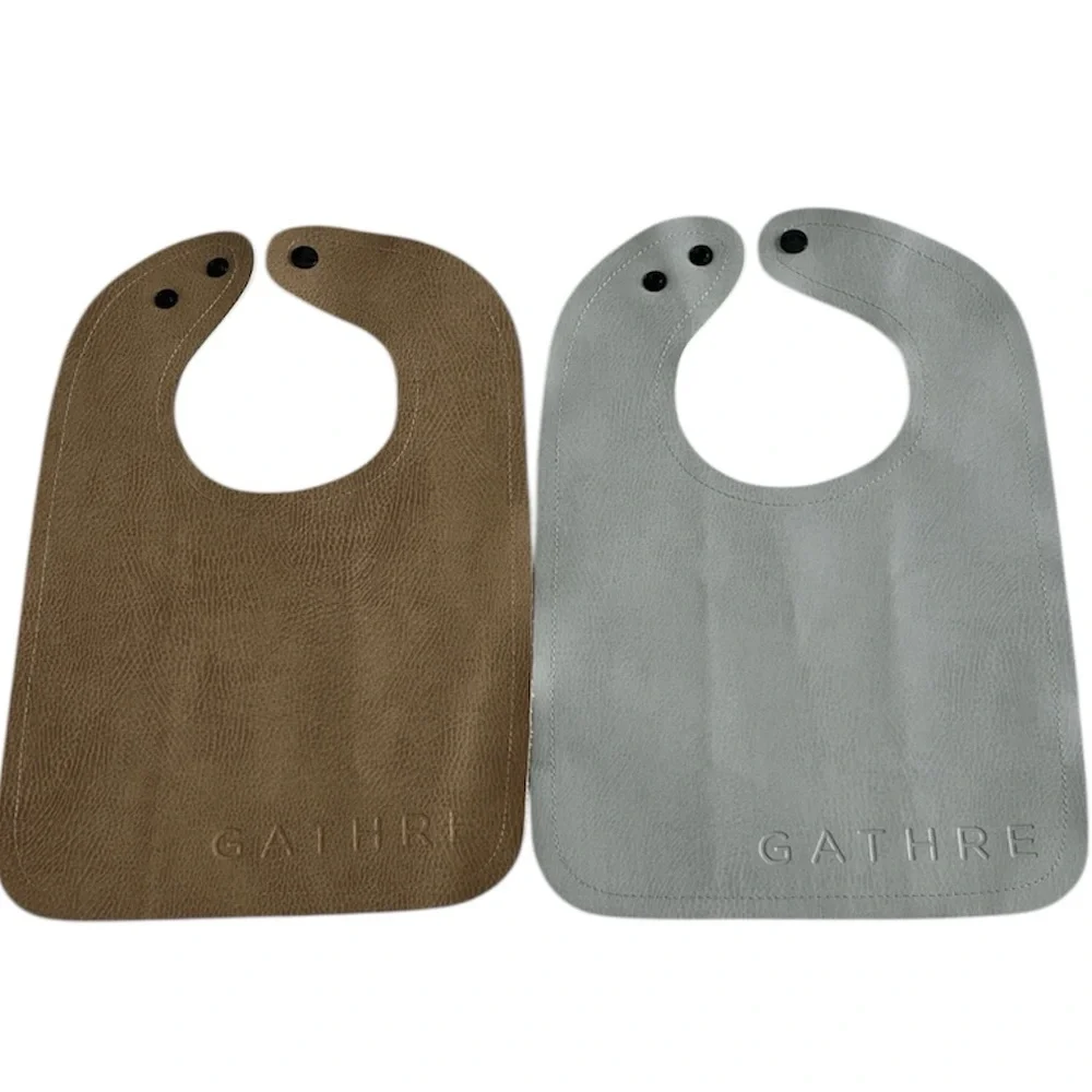 GATHRE Vegan Leather Baby Bib Snap Gray Brown Infant Toddler Quiet Luxury Bundle